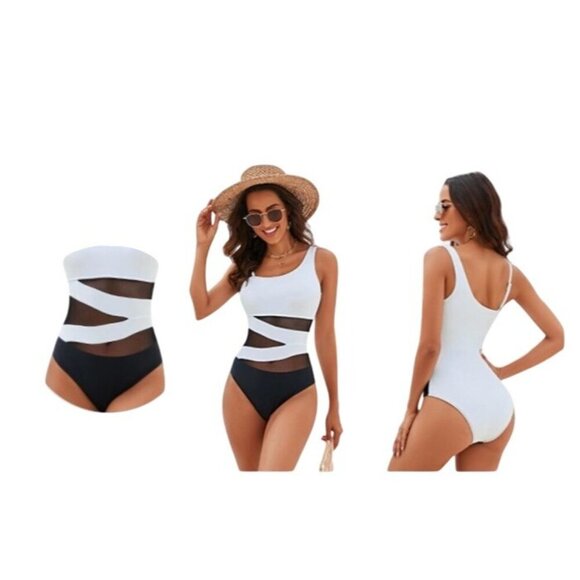 Blooming Jelly Womens One Shoulder Mesh One Piece Swimsuit M Black White Slimmin - Picture 4 of 6